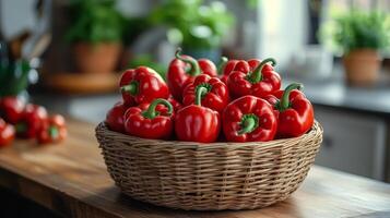 Fresh red bell peppers arranged in a woven basket on a wooden table surrounded by herbs photo