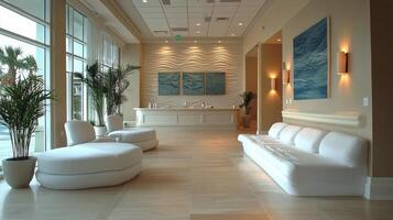 Modern interior design in a hotel lobby with soothing decor and natural lighting during the day photo