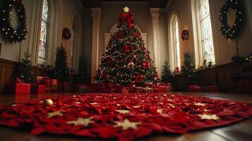 Grand Christmas tree adorned with colorful ornaments in a richly decorated church photo