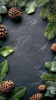 Natural pinecones arranged among green leaves on dark slate background for decorative display photo