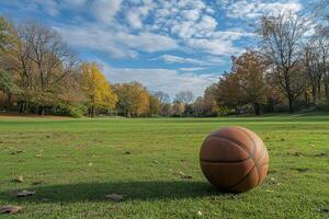 Basketball resting on grass under a blue sky with autumn trees in a park setting photo