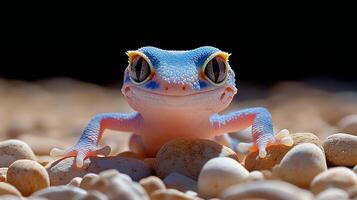 Colorful gecko resting on pebbles during a sunny day photo
