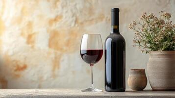 Wine bottle and glass with grapes on rustic wooden table near shelves filled with bottles photo