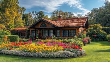 Beautiful garden surrounding a rustic brick house with vibrant flowers and lush greenery photo