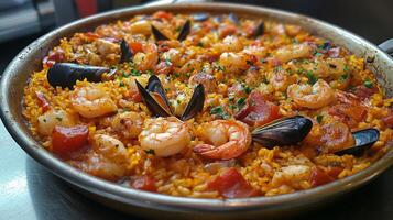 Delicious seafood paella served in a traditional skillet with shrimp and mussels photo