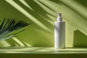 Minimalist skincare product displayed on a vibrant green shelf with shadows photo