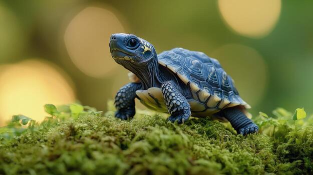 Beautiful tortoise resting on mossy ground in a lush green environment during daytime hours photo