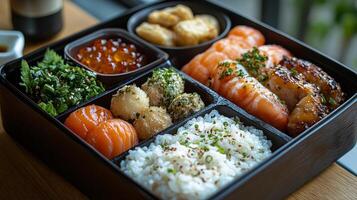 Delicious seafood bento box with rice and colorful vegetables served in a traditional setting photo