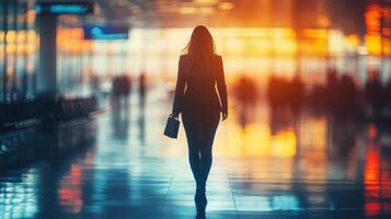 Woman in a light blue suit walking through a modern airport terminal with illuminated architecture photo