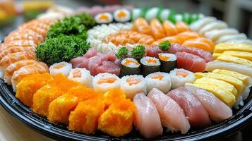 Sushi platter featuring an assortment of fresh ingredients from a Japanese restaurant photo