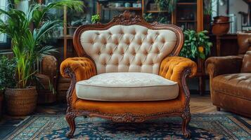 Elegant vintage tufted loveseat in a cozy, sunlit room surrounded by greenery and rustic decor photo