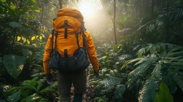Hiker exploring a serene forest trail during golden hour with backpack and trekking poles photo