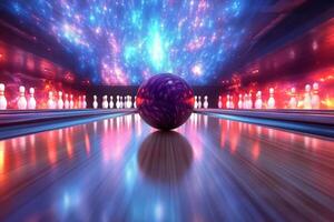 Bowling ball positioned on lane ready for a strike at an indoor bowling alley photo