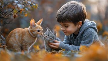 Child interacts with rabbits and a cat in a colorful autumn park filled with fallen leaves photo