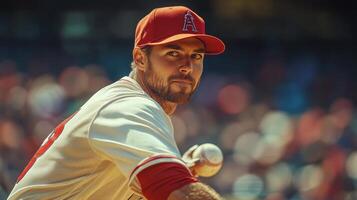 Pitcher on the mound prepares to throw during daytime baseball game at stadium photo