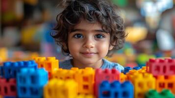 Young child with curly hair playing with colorful blocks in a creative space photo