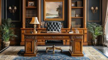 Elegant office setup with vintage decor, desk accessories, and warm lighting in a luxurious setting photo