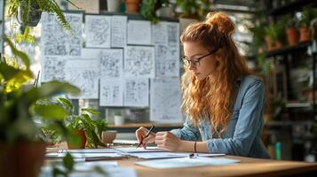 A creative woman sketches in a sunny indoor garden filled with plants and artwork photo