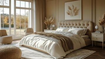 Elegant master bedroom with neutral tones and botanical artwork in serene setting photo
