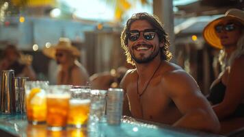 Bartender serving refreshing drinks by the pool in a vibrant resort setting during a sunny afternoon photo