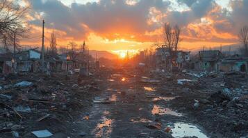 Destruction in an urban landscape with debris and stagnant water in a war-torn area photo