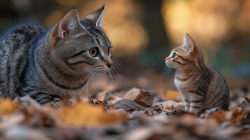 Cat walking on a rainy day with colorful leaves in the background and droplets in the air photo