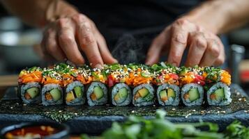 Expert sushi chef preparing colorful rolls with fresh ingredients at sushi restaurant kitchen photo