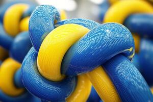 Vibrant blue and yellow twisted fibers create a mesmerizing abstract pattern in close-up view photo