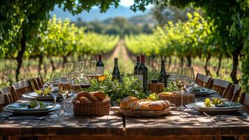 Elegant outdoor dining setup in a vineyard during golden hour with fine wine and fresh bread photo