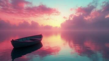 Serene sunset over calm waters with a single boat floating in pastel hues photo