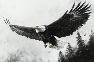 Majestic bald eagle soaring above its nest in a forested area during early morning light photo