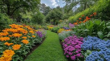 Colorful flower garden blooms with vibrant petals in a well-maintained outdoor space photo