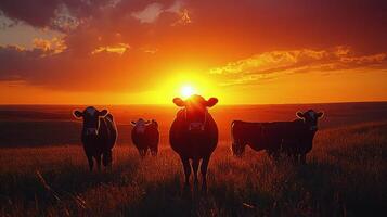 Cows standing in a field against a stunning sunset in the countryside photo