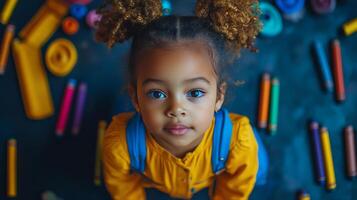Joyful child playing with crayons in a colorful art space on a bright day photo