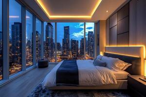Luxurious bedroom with city skyline view at night in a modern high-rise building photo