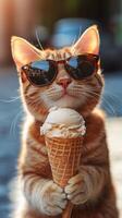 Cat wearing sunglasses happily enjoys ice cream cone on a sunny day photo