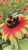 Bumblebee collecting pollen from a vibrant sunflower in a sunny garden photo