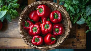 Fresh red bell peppers arranged in a woven basket on a wooden table surrounded by herbs photo