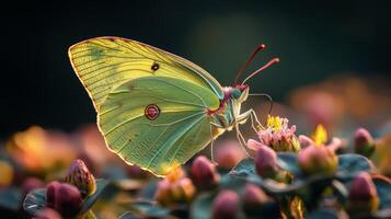 Monarch butterfly resting on pink flowers in a garden during the warm afternoon photo