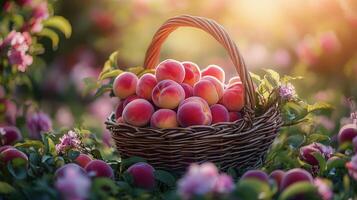 Freshly picked peaches in a woven basket surrounded by lush greenery at sunset photo