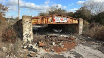 Deteriorated road with severe damage and rusted surface in rural area during winter photo
