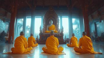 Monks meditate in traditional temple during serene morning at historic Buddhist site photo