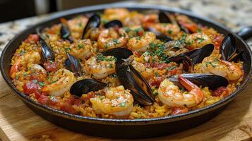 Delicious seafood paella served in a traditional skillet with shrimp and mussels photo
