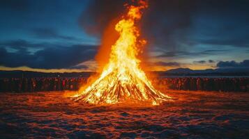 Crowd gathered around a large bonfire during an evening celebration in a natural setting photo