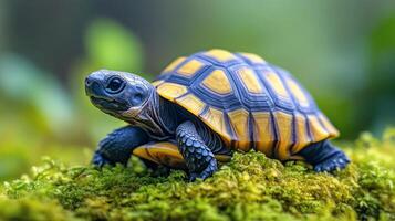 Beautiful tortoise resting on mossy ground in a lush green environment during daytime hours photo