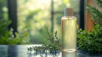 Natural skincare routine featuring herbal ingredients and a smiling woman in a minimalist setting photo