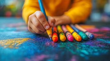 Joyful child playing with crayons in a colorful art space on a bright day photo