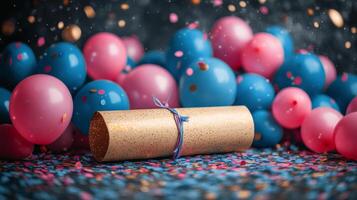Celebration with balloons and a diploma on confetti-covered ground during a festive event photo