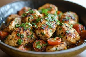 Juicy grilled chicken with fresh herbs and cherry tomatoes served in a rustic bowl photo