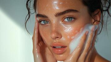 Close-up of a young woman with dewy skin and curly hair highlighting a fresh and radiant look photo